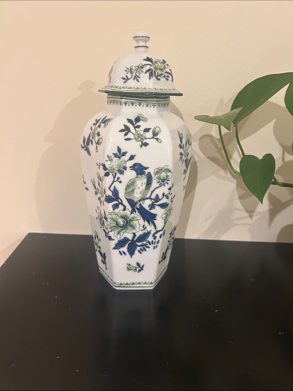White Porcelain Vase/ ginger jar with Blue and Green Bird Motif.